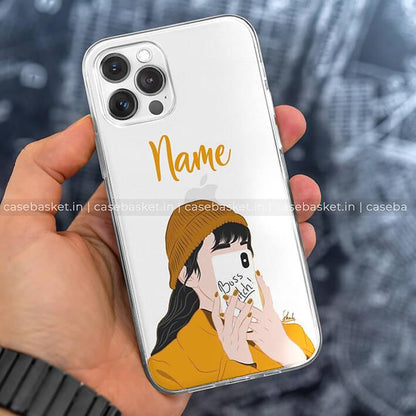 Custom iPhone case with illustrated girl in yellow beanie holding phone, clear background