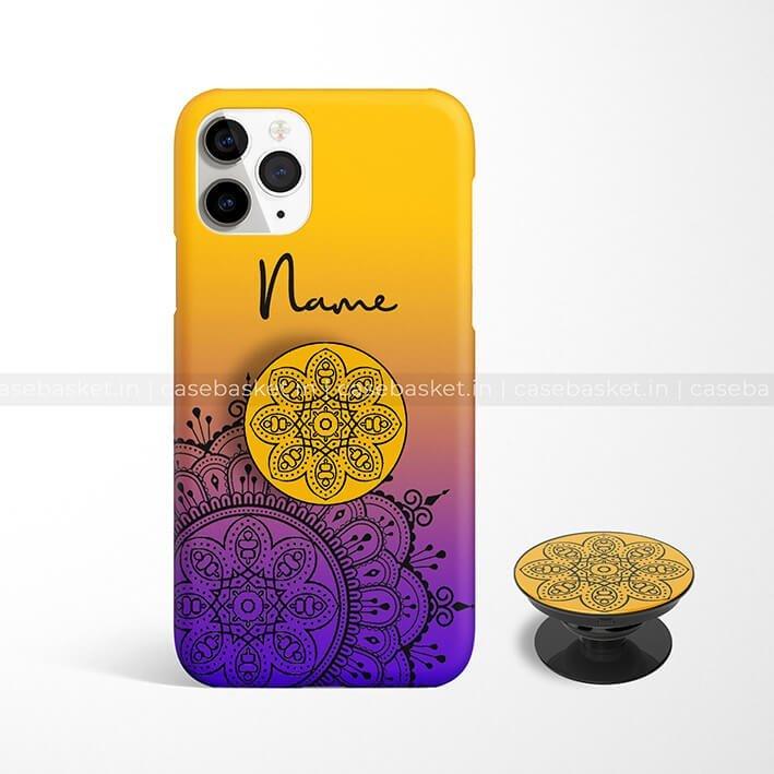 Yellow and purple gradient phone case with black mandala design and matching pop socket