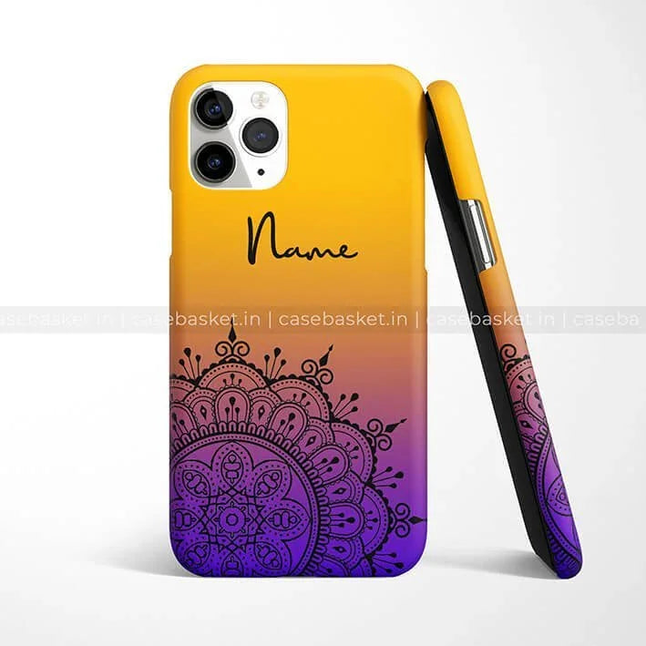 Gradient yellow to violet phone case with black mandala design and customizable name text