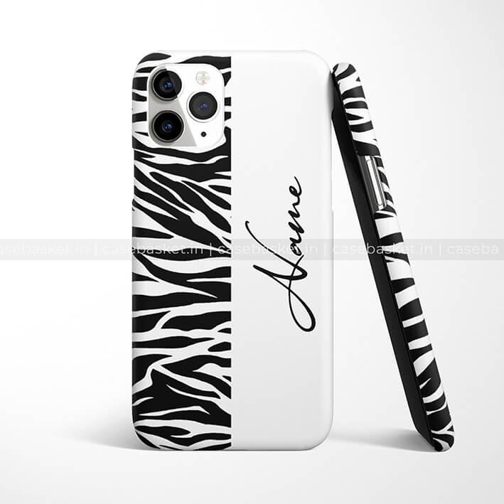 Zebra print mobile phone case with customizable name, black and white pattern, stylish cover.