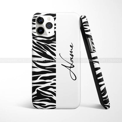 Zebra print mobile phone case with customizable name, black and white pattern, stylish cover.