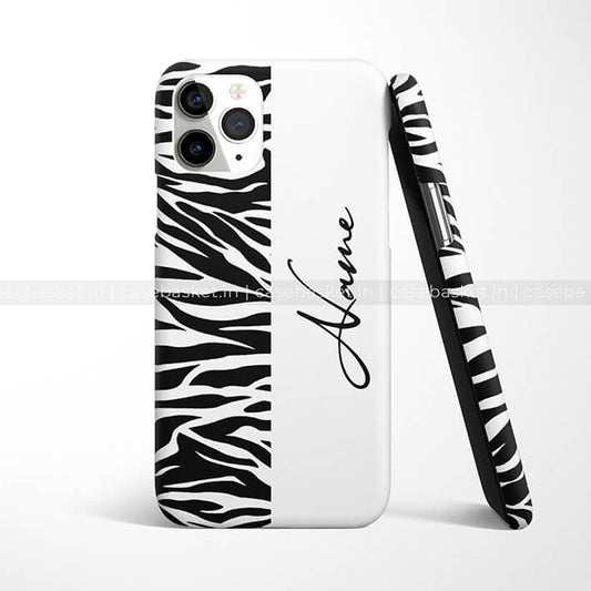 Zebra print mobile phone case with customizable name, black and white pattern, stylish cover.