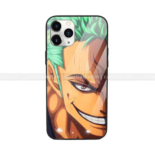 Anime character glass phone case with green hair and striking grin, suitable for iPhone.